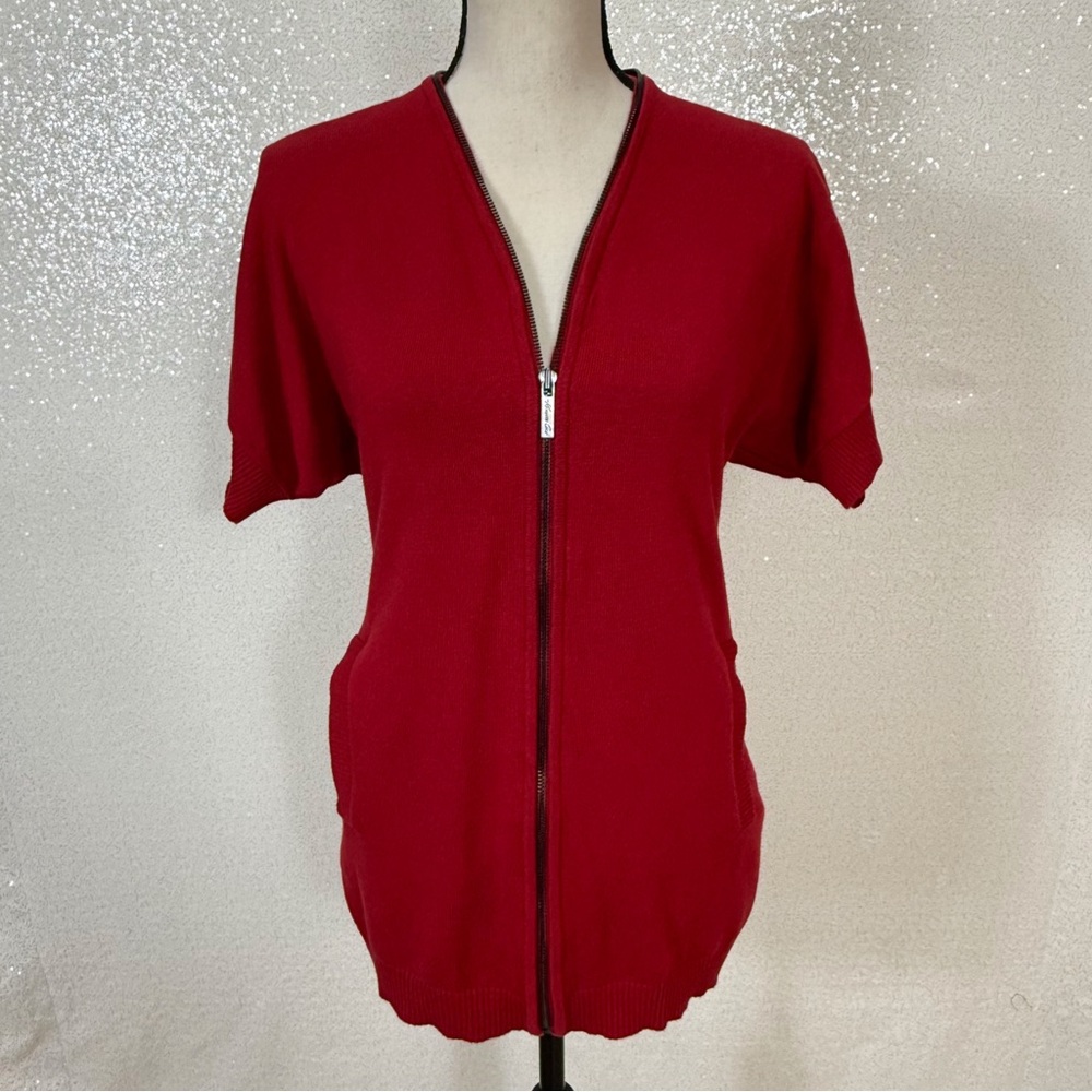 Kenneth Cole New York Red Zip Front Knit Y2K Vintage Short Sleeve Knit Top, PM